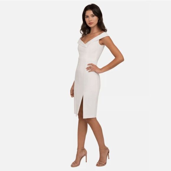 NWT Black Halo Hepburn Sheath Dress Off Shoulder Slit Ivory White Size 4 - Picture 1 of 14